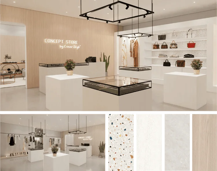 Magasin moderne avec meubles et accessoires blancs et noirs, créant une atmosphère élégante et épurée.