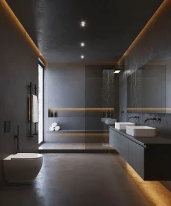 Solutions de rénovation intérieure illustrant une salle de bain contemporaine aux murs noirs et à l'éclairage élégant, créant une ambiance sophistiquée.